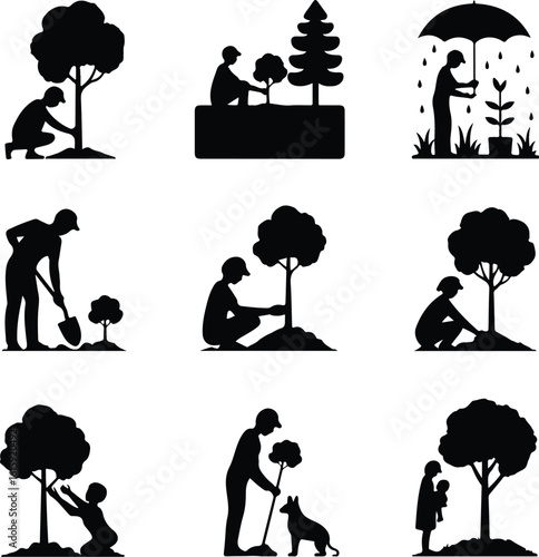 Tree Planting Silhouette Icon Set Eco Garden & Green Nature Silhouette Icons