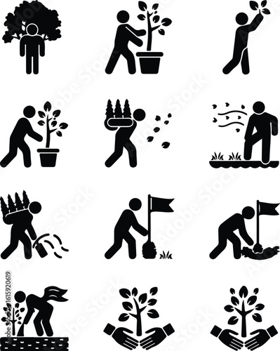 Tree Planting Silhouette Icon Set Eco Garden & Green Nature Silhouette Icons