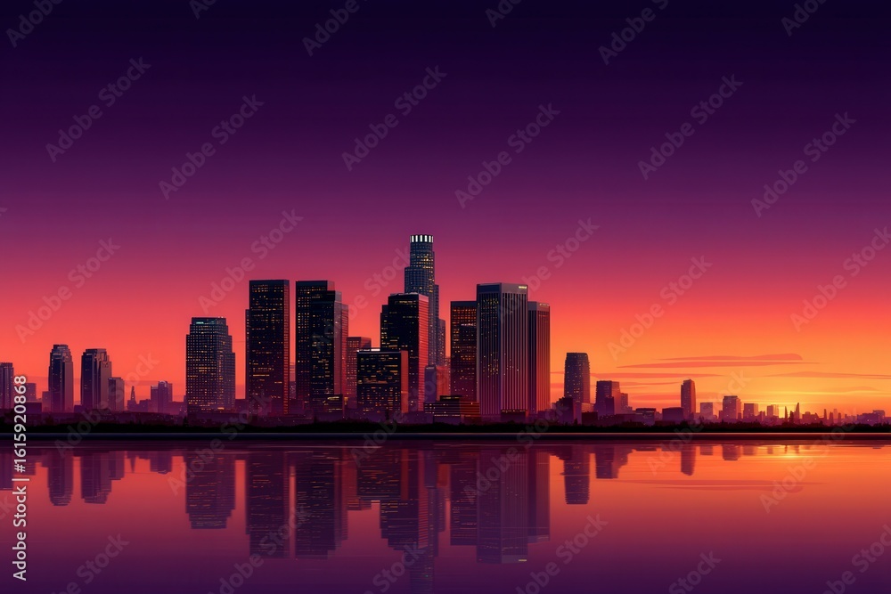 Fototapeta premium Dazzling sunset reflections illuminating the Los Angeles skyline showcasing architectural marvels under a vibrant sky representing urban creativity and innovation