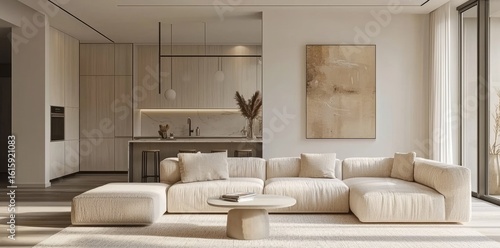 3D rendering of a bright modern living room with minimalist beige sofa, round coffee table, abstract wall art, and open kitchen layout, ideal for interior design showcases