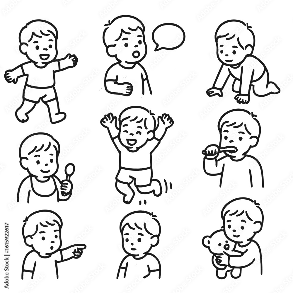 Toddler Milestones Icons. Outline style icons of Toddler Milestones: first steps, first word bubble, standing up, holding spoon, Toddler Milestones Icons. Outline style icons of Toddler Milestones: first steps, first word bubble, standing up, holding spoon,