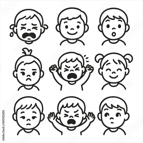 Toddler Emotion Icons. Outline style icons of Toddler Emotions: crying face, smiling toddler, surprised look, pouty lips, tantrum
