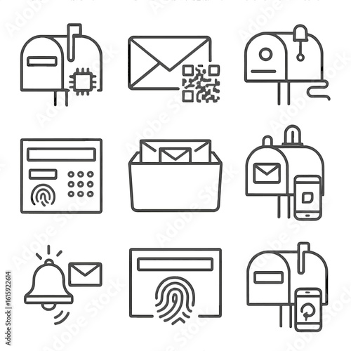 Smart Mailbox Icons. Outline style icons of Smart Mailboxes: mailbox with chip, QR scan mail, app-connected mailbox, digital lock