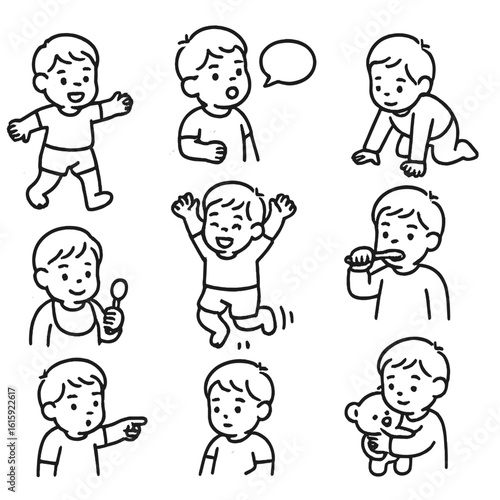 Toddler Milestones Icons. Outline style icons of Toddler Milestones: first steps, first word bubble, standing up, holding spoon,