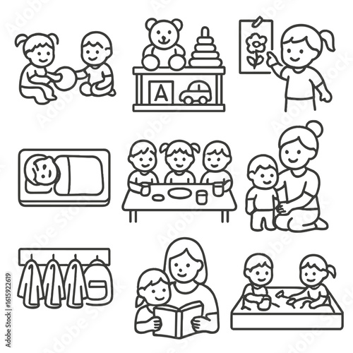 Toddler Daycare Icons. Outline style icons of Toddler Daycare: group play, toy shelf, art wall, nap mat, group lunch, toddler