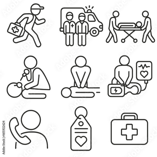 Emergency Response Icons. Outline style icons of Emergency Response: EMT running, ambulance crew, stretcher team, oxygen mask