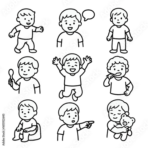 Toddler Milestones Icons. Outline style icons of Toddler Milestones: first steps, first word bubble, standing up, holding spoon,