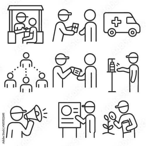 Public Health Icons. Outline style icons of Public Health Workers: vaccination booth, outreach handout, mobile clinic van, contact