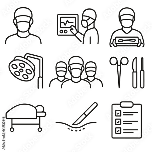 Surgical Team Icons. Outline style icons of Surgical Team: surgeon in mask, anesthesiologist at monitor, scrub nurse with tray,