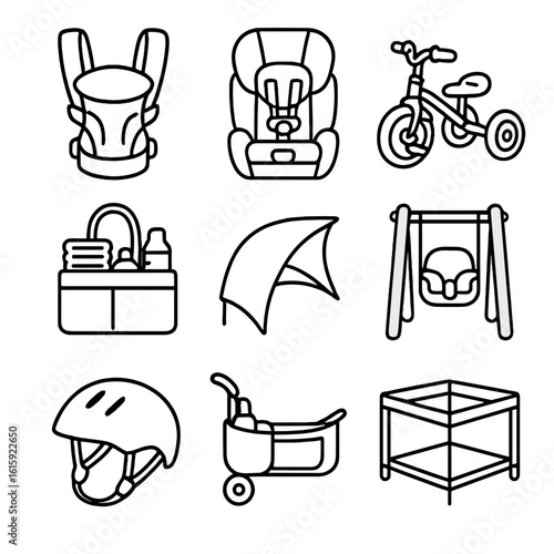 Toddler Gear Icons. Outline style icons of Toddler Gear: baby carrier, convertible car seat, diaper caddy, toddler tricycle,
