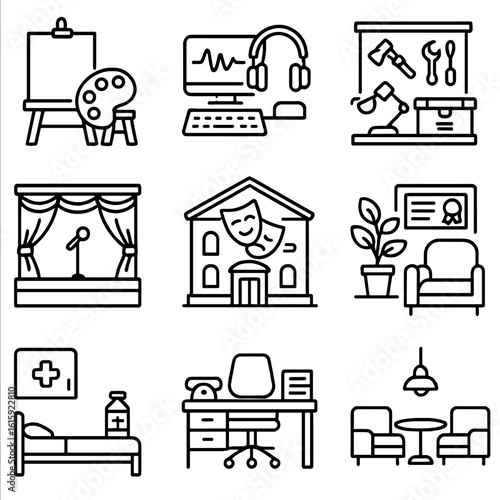 School Facility Icons. Outline style icons of Specialized School Facilities: art studio space, language lab, technology workshop,