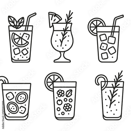 Mocktail Outline Icons. Outline style icons of Mocktails and Non-Alcoholic: mock mojito with lime and mint, virgin piña colada