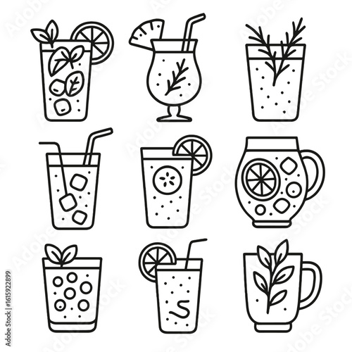 Mocktail Outline Icons. Outline style icons of Mocktails and Non-Alcoholic: mock mojito with lime and mint, virgin piña colada