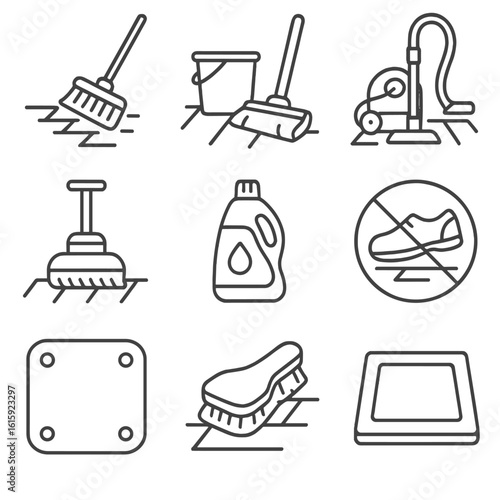 Flooring Maintenance Icons. Outline style icons of Flooring Maintenance: broom on floor, mop and bucket, vacuum cleaner on