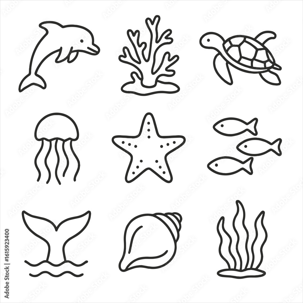 Obraz premium Marine Life Icons. Outline style icons of Marine and Ocean Life: dolphin, coral reef, sea turtle, jellyfish, starfish, school of