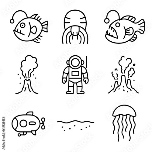 Deep Sea Icons. Outline style icons of Deep Sea Life: bioluminescent fish, trench creature, deep sea angler, black smoker vent,
