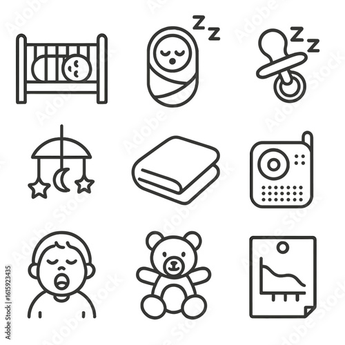 Outline Baby Nap Icons. Outline style icons of Baby Napping: baby in crib, swaddled baby sleeping, pacifier during nap, mobile