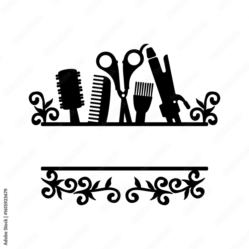 Fototapeta premium Hair Salon Tools Monogram Split Vector Silhouette
