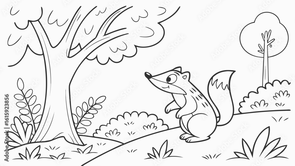 Naklejka premium Vector Cartoon funny Animal, funny image in the forest, Coloring book page for children. Line Art isolated on white background