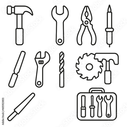 Outline Tool Icons. Outline style icons of Metal Tools and Equipment: metal hammer, steel wrench, metal pliers, soldering iron,