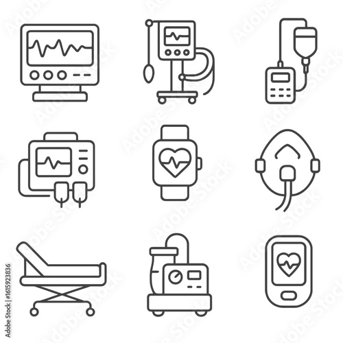 ICU Equipment Icons. Outline style icons of ICU Equipment: patient monitor, ventilator machine, infusion pump, defibrillator unit,