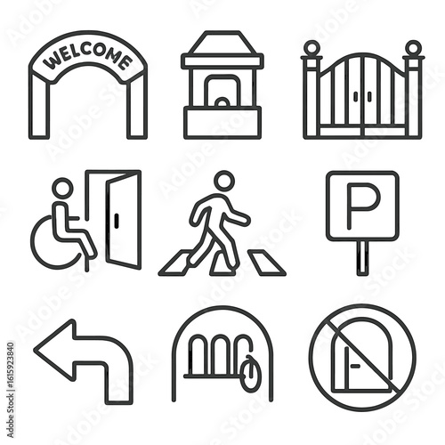 Park Entry Icons. Outline style icons of Park Entry and Exit: welcome arch, ticket booth, main entrance gate, accessible entry,