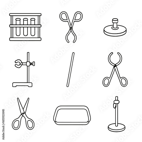 Laboratory Metal Gear Icons. Outline style icons of Laboratory Metal Gear: metal test tube rack, tongs, Bunsen burner base, clamp