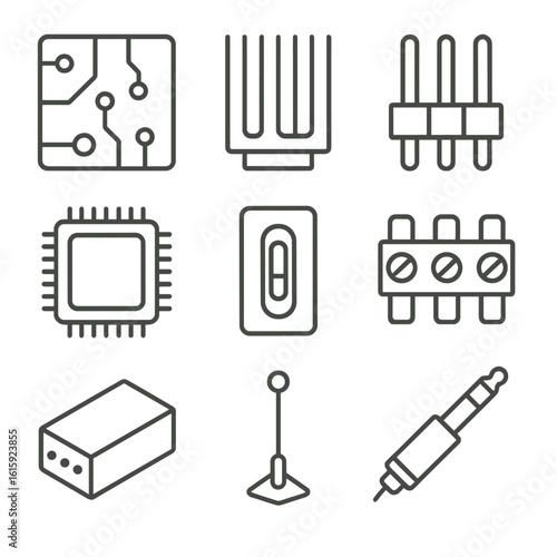 Electronics Outline Icons. Outline style icons of Electronics and Metal: metal circuit board, heat sink, connector pin, microchip