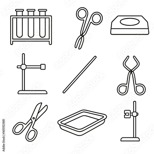 Laboratory Metal Gear Icons. Outline style icons of Laboratory Metal Gear: metal test tube rack, tongs, Bunsen burner base, clamp