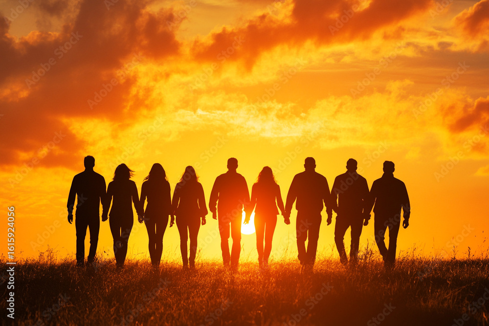Fototapeta premium Silhouetted group walking together at sunset holding hands