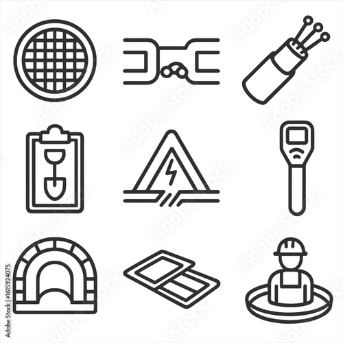 Underground Utility Icons. Outline style icons of Underground Utility Maintenance: manhole cover, pipeline mapping, fiber optic