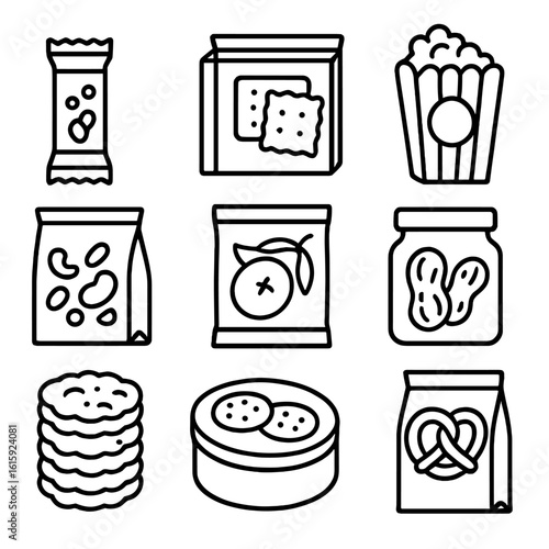 Pantry Snack Icons. Outline style icons of Snack Shelf Pantry: granola bar, crackers box, popcorn bag, trail mix pouch, dried