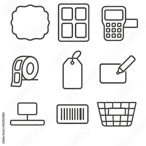 Pantry Organization Icons. Outline style icons of Labeling and Organizing Pantry: chalk label, printable label sheet, label maker