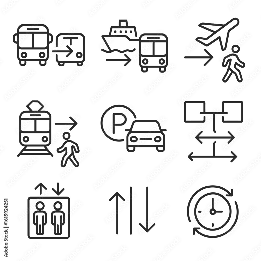 Intermodal Transport Icons. Outline style icons of Intermodal Transport Icons: bus to subway, ferry to bus transfer, airport to Intermodal Transport Icons. Outline style icons of Intermodal Transport Icons: bus to subway, ferry to bus transfer, airport to