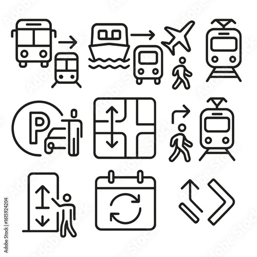 Intermodal Transport Icons. Outline style icons of Intermodal Transport Icons: bus to subway, ferry to bus transfer, airport to