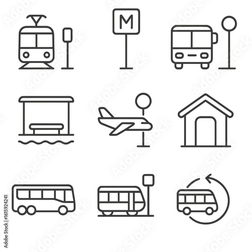 Transport Stop Icons. Outline style icons of Regional Transport Stops: tram stop icon, metro signboard, regional bus post, ferry