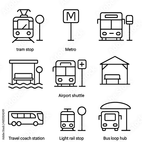 Transport Stop Icons. Outline style icons of Regional Transport Stops: tram stop icon, metro signboard, regional bus post, ferry