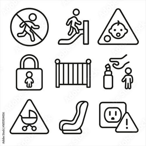 Child Safety Icons Set. Outline style icons of Child Safety Warnings: no running sign, playground hazard alert, toy choking
