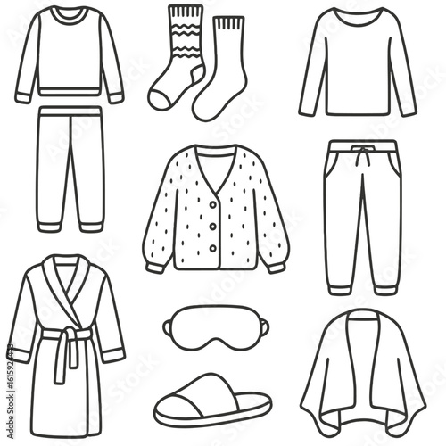 Cozy Winterwear Icons. Outline style icons of Cozy Indoor Winterwear: fleece pajama set, knitted socks, long thermal tee, home