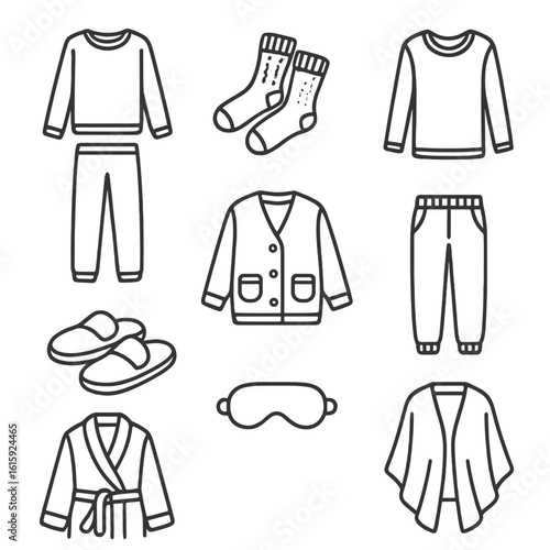 Cozy Winterwear Icons. Outline style icons of Cozy Indoor Winterwear: fleece pajama set, knitted socks, long thermal tee, home