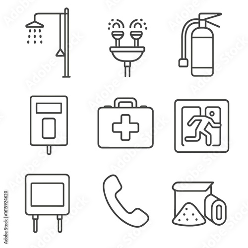 Emergency Equipment Icons. Outline style icons of Emergency Equipment: safety shower, eyewash station, fire extinguisher, fire