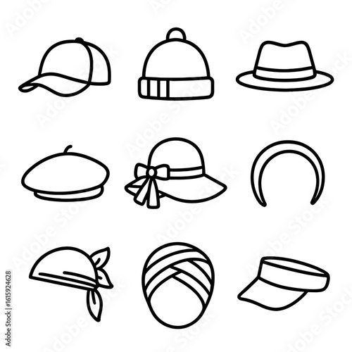 Headwear Icon Collection. Outline style icons of Headwear and Accessories: baseball cap, beanie, fedora, beret, sunhat, headband,