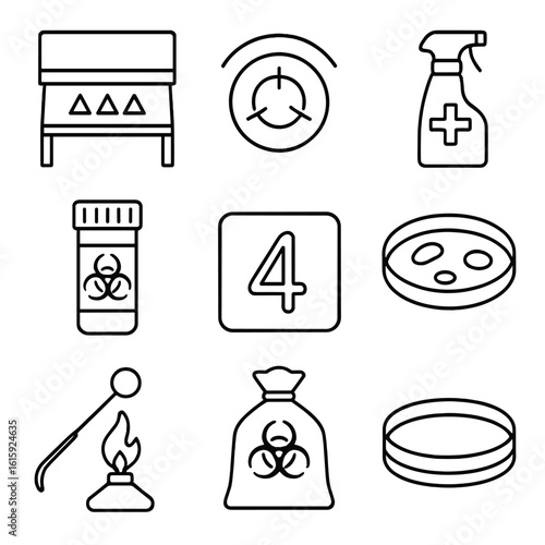 Biological Safety Icons. Outline style icons of Biological Safety: sterile hood, autoclave symbol, disinfection bottle, specimen