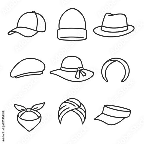 Headwear Icon Collection. Outline style icons of Headwear and Accessories: baseball cap, beanie, fedora, beret, sunhat, headband,