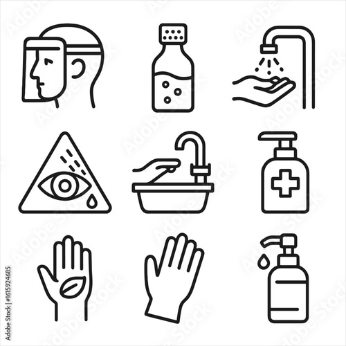 Eye and Skin Safety. Outline style icons of Eye and Skin Safety: face splash shield, eye rinse bottle, handwashing station,