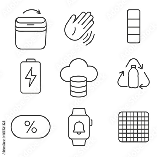 Smart Trash Bin Icons. Outline style icons of Smart trash bin: touchless lid, hand wave gesture, color bar fullness scale, battery