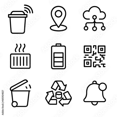Smart Bin Icons. Outline style icons of Smart trash bin: city smart bin, GPS locator, IoT cloud hub, odor filter icon, battery