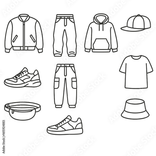 Streetwear Icons Outline. Outline style icons of Streetwear and Urban Style: bomber jacket, baggy jeans, hoodie, snapback cap,