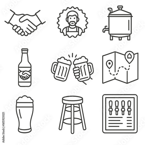 Craft Beer Icons. Outline style icons of Craft beer: collaborative brew handshake, guest brewer badge, pilot system kettle,