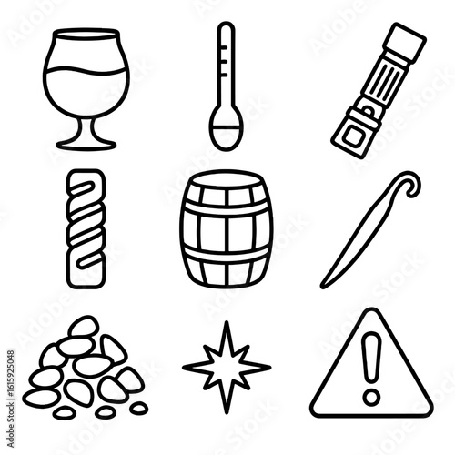 Craft Beer Icons. Outline style icons of Craft beer: imperial stout snifter, high gravity hydrometer, refractometer lens, oak